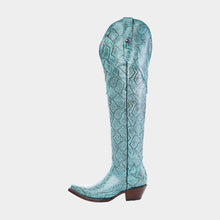 Cargar imagen en el visor de la galería, D3024 - Bota larga puntal grabado anaconda azul turquesa/café/topo