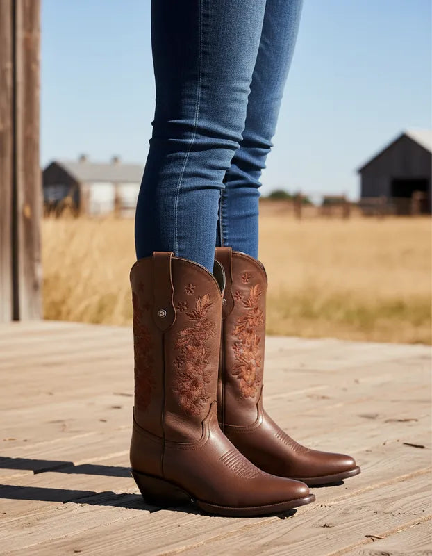 D1012 - Bota oval bordada atanado café