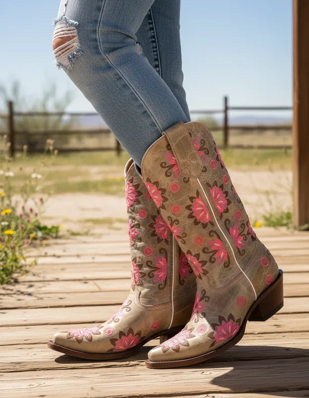 D2031 - Bota puntal de flores desierto ostra fucsia
