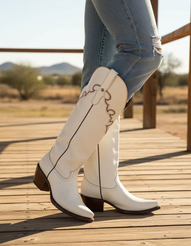 D3092 - Bota puntal alta bordado copete atanado hueso