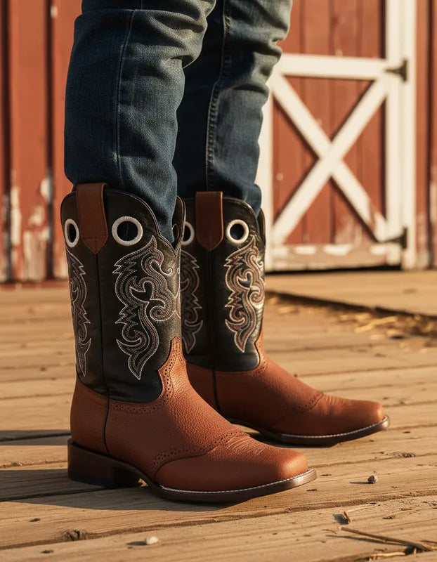 H1022 - Bota rodeo antifaz de cuero floter brandy/negro