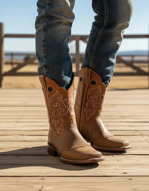 H1023 - Bota rodeo antifaz de cuero floter oro/cajeta