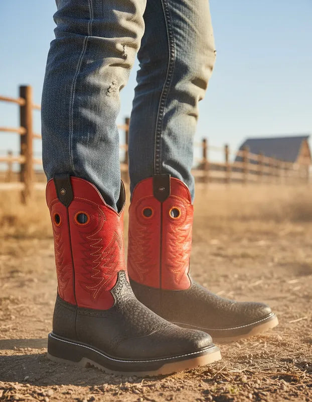 H1052 - Bota casco de acero cuello toro negro/rojo