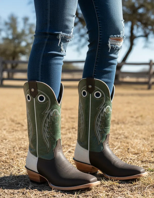 H2001 - Bota española de cuero crazy choco/verde