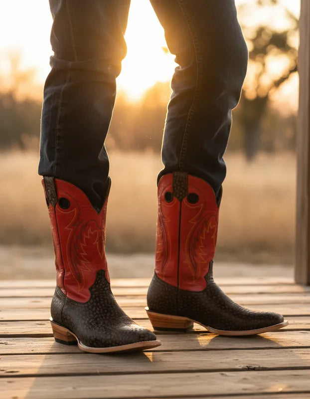 H2002 - Bota española de cuero cuello toro café/rojo