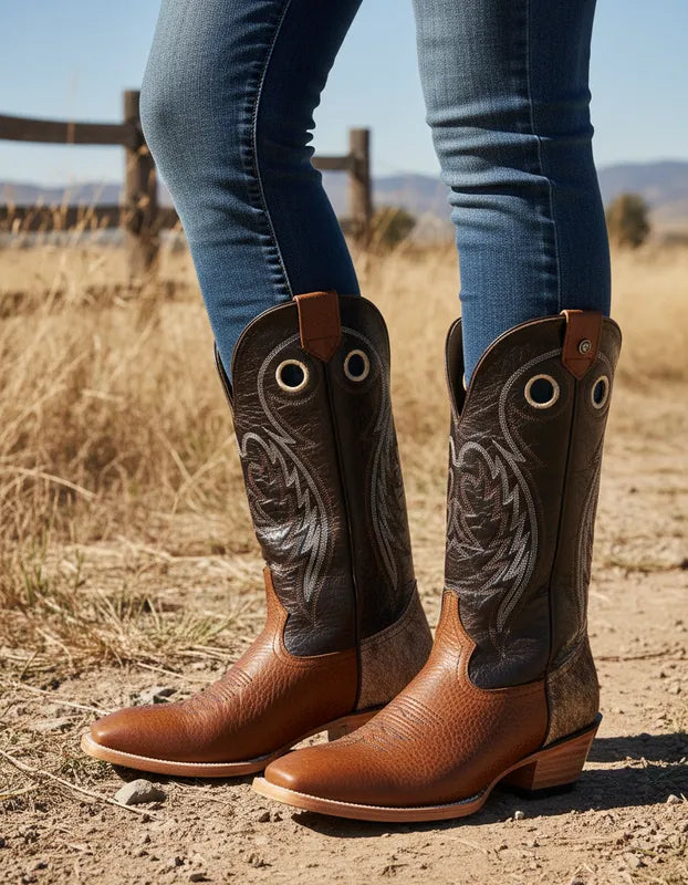 H2004 - Bota española de cuero bullfy bronce/café talón de pelo