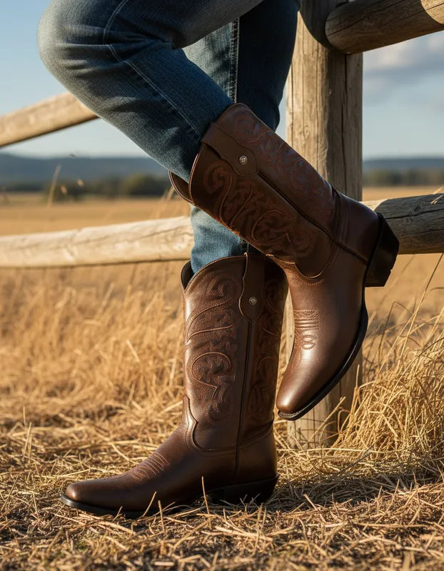 H6002 - Bota oval bordada atanado café