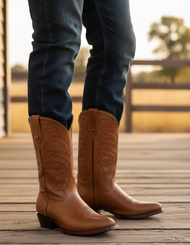 H6003 - Bota oval bordada capuchino miel