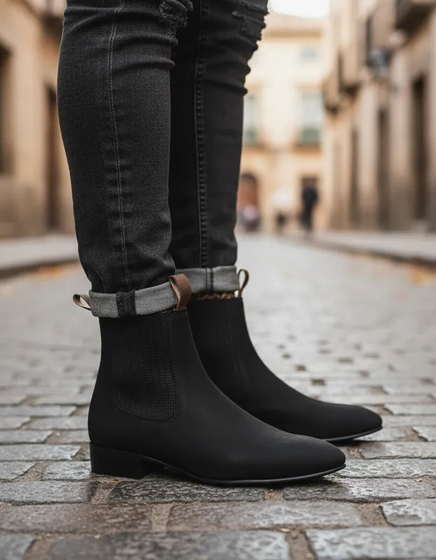 U1005 - Botín charro de cuero nubuck negro