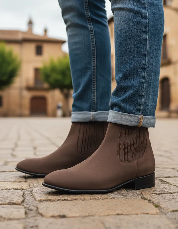 U1007 - Botín charro de cuero nubuck moka