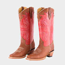Cargar imagen en el visor de la galería, D5001 - Bota rodeo de cuero crazy bronce/rosa

