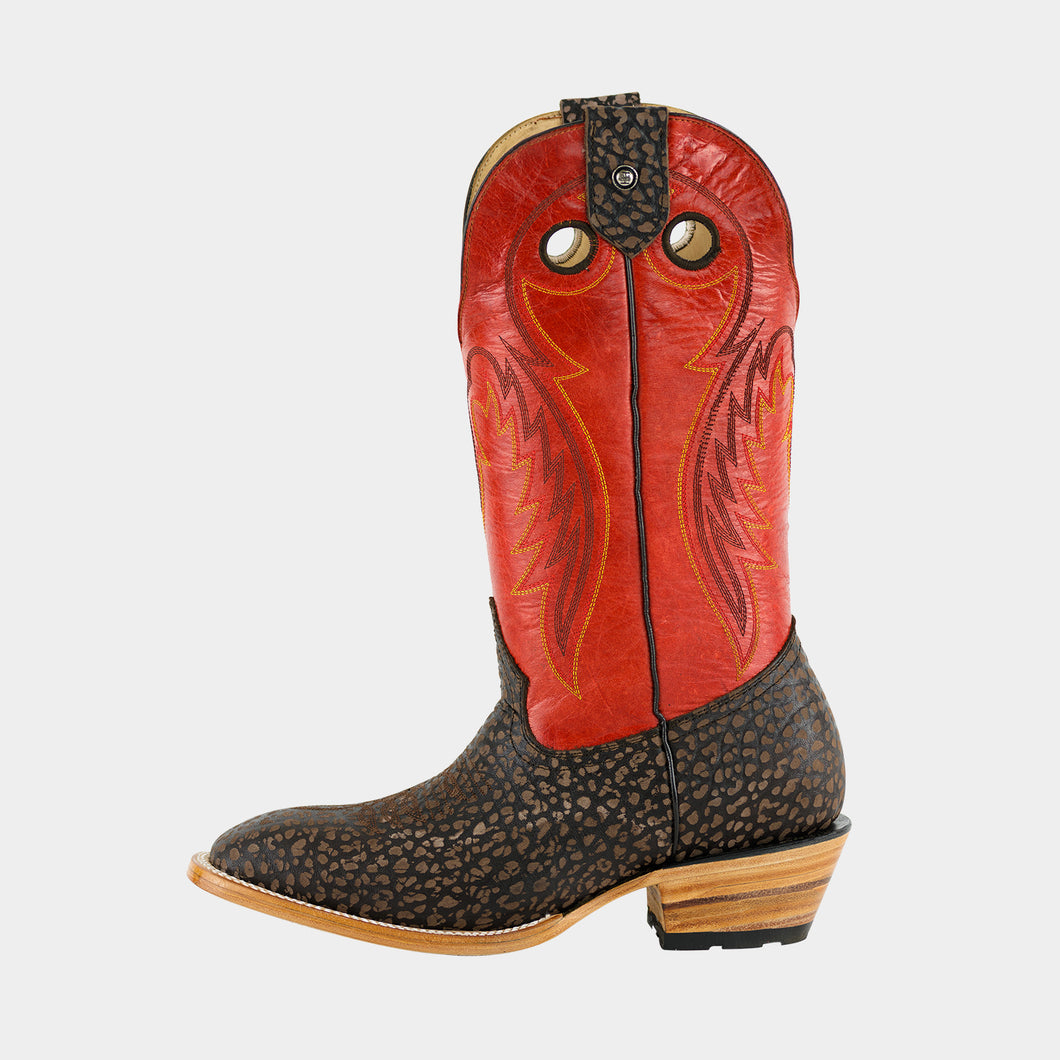 H2002 - Bota española de cuero cuello toro café/rojo